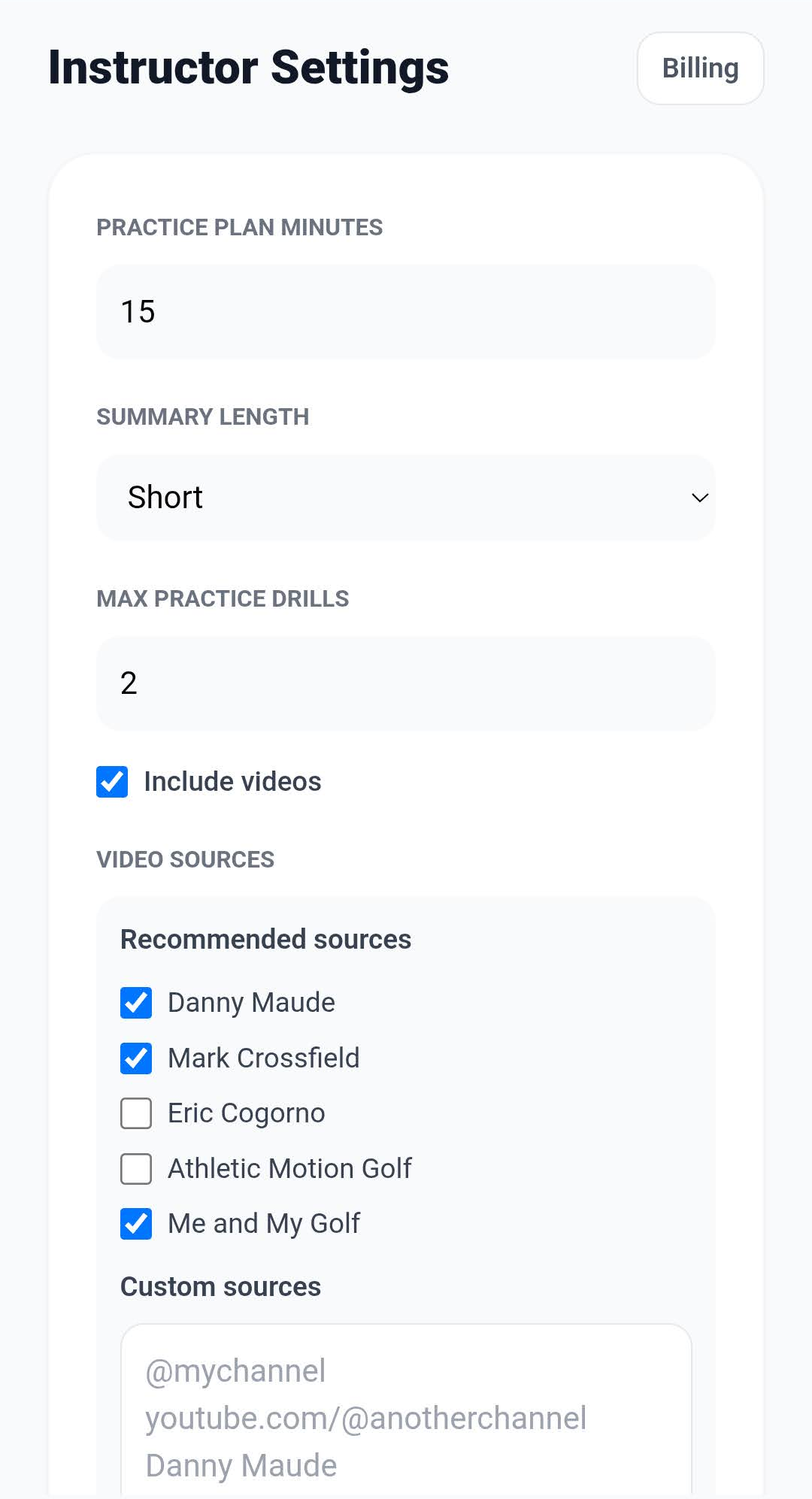 LessonLinks AI instructor settings screen